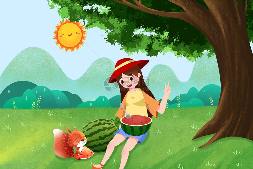 夏季公园吃瓜的女孩和松鼠图片