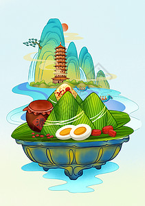 赛龙舟海报传统端午节日粽子插画