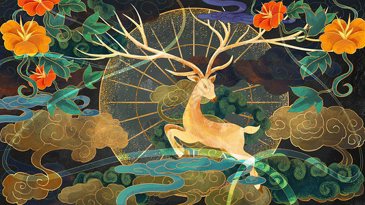 日式花纹敦煌壁画鹿插画