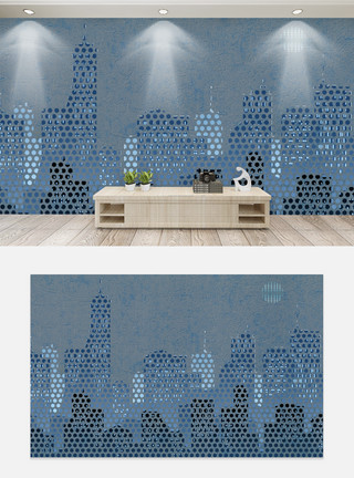 现代简约波点蓝色夜景时尚城市家居客厅背景墙模板