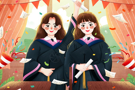 快乐的两个女孩毕业季教室里学士服学生插画插画