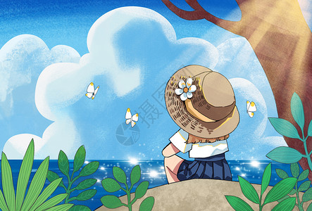 三亚海坐在沙滩上看海的小女孩插画