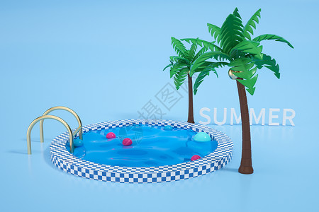 游泳池卡通C4D创意夏日场景设计图片