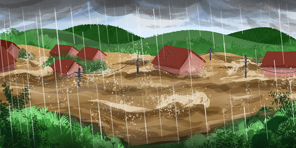 防暴雨被暴雨洪水摧毁的村庄插画