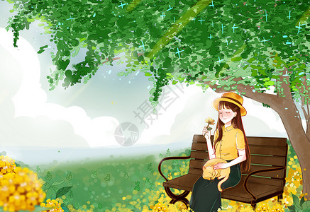 夏至乘凉少女夏日夏季坐在树下花海中避暑撸猫的少女插画