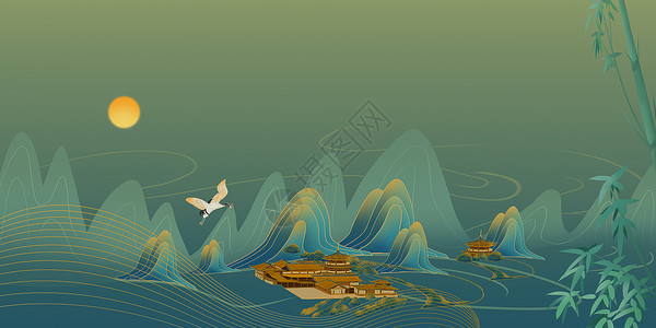 中式山水竹子背景中国风立体山水背景设计图片
