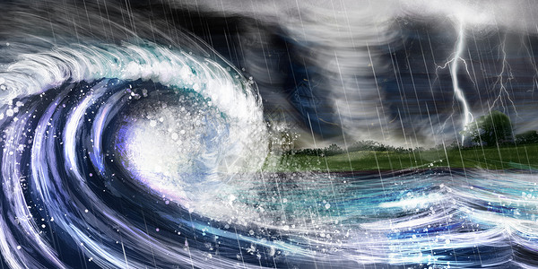 台风注意自然灾害飓风海啸暴雨插画