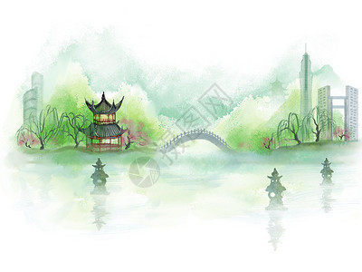 文学经典杭州西湖中式城市地标建筑风景旅游插画