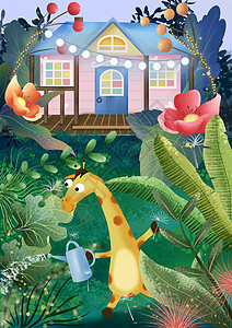 粉嫩粉底液海报长颈鹿植物园插画