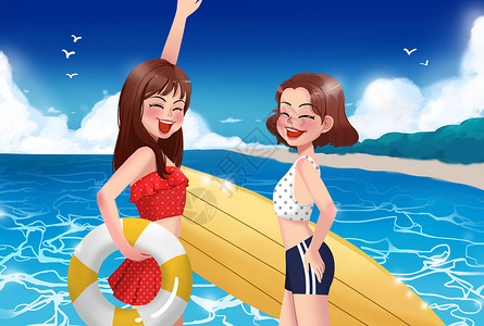 炎热的夏日海边游泳冲浪的少女们背景图片