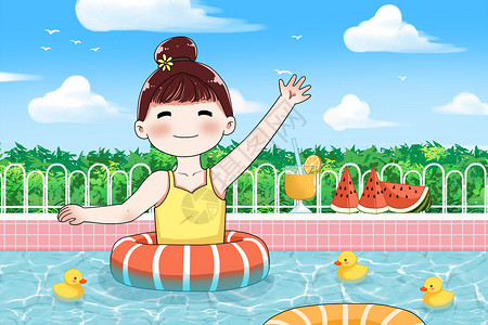 西瓜游泳池溺水游泳池里的女孩插画