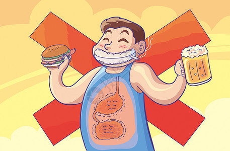 饮食卫生垃圾食品加重胃肠负担插画