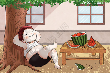 大爷在树下乘凉夏天在树下乘凉吃西瓜插画