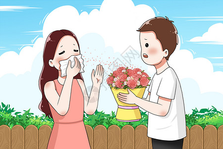 男孩送花给女孩花粉过敏的女孩插画