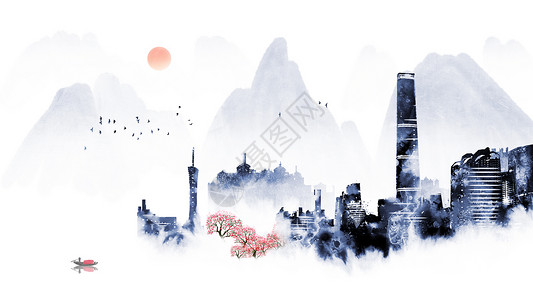 漓江上的大桥广州国际金融中心地标建筑插画