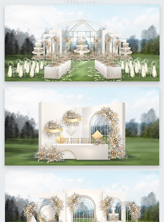 白色效果图浪漫法式户外婚礼效果图模板