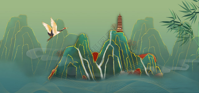 中式山水竹子背景立体山水设计图片