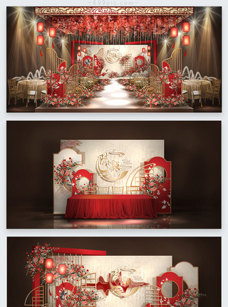 铁艺挂牌大气红金中式婚礼效果图模板