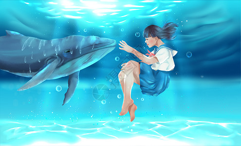 水中女孩与鲸鱼图片