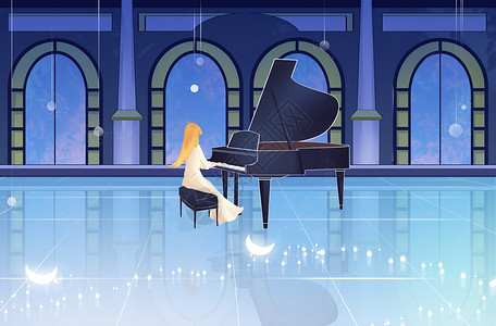 梦幻钢琴弹钢琴的少女插画