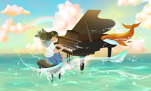 弹钢琴背景海面弹钢琴的女生插画