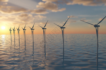 夕阳海上风力发电设计图片