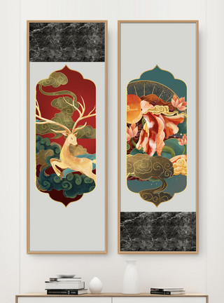 中国风荷叶鱼背景墙新中式吉祥鹿沙发背景墙装饰画模板