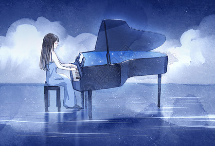 女生弹琴浪漫唯美女生弹钢琴插画