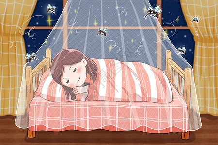 睡眠管理在蚊帐里安睡的女孩插画