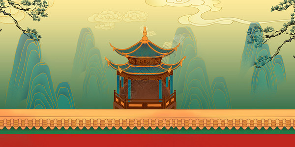 古建筑塔国朝风中式背景设计图片