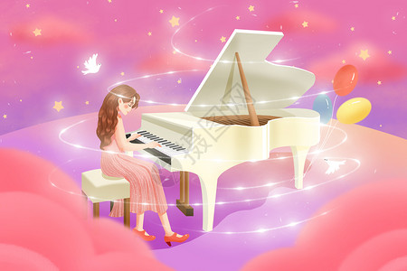演奏家唯美温馨美女弹钢琴场景插画
