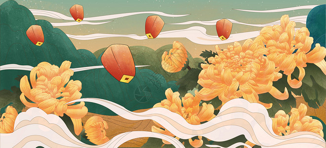秋季中国风菊花风景手绘插画高清图片
