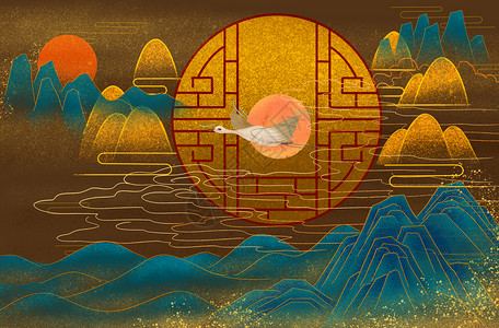 鶴国潮风中式背景设计图片
