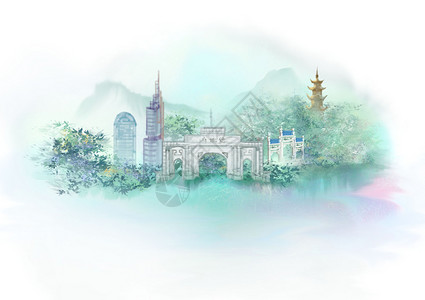 城市水墨素材中式城市地标建筑风景旅游南京插画