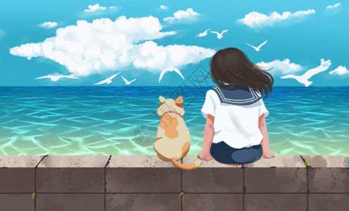 夏天与小猫看海的女生GIF图片