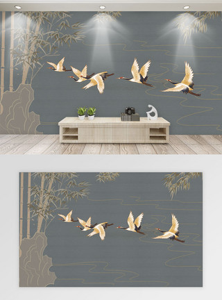 新中式卧室仙鹤古典壁纸电视背景墙模板