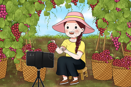 秋水果直播卖葡萄的女孩插画