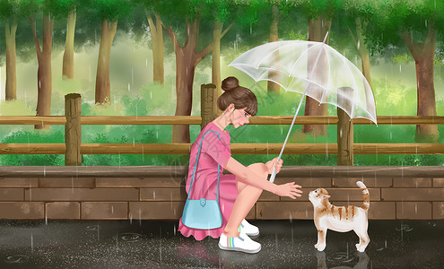 下雨天路上的女孩与猫咪高清图片