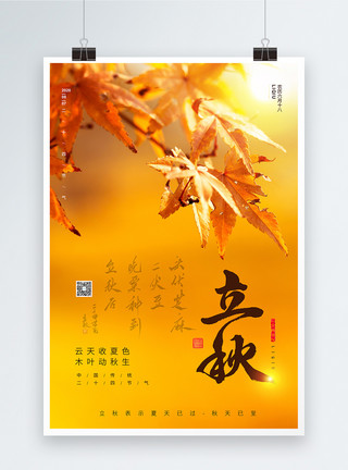 秋天枫叶树叶简约大气24节气金色立秋海报模板
