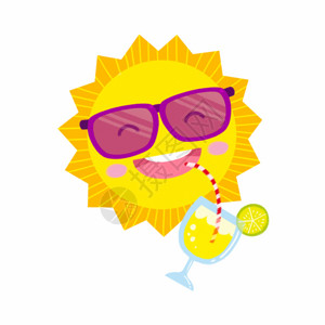 小孩喝果汁手绘卡通太阳夏日喝饮料GIF高清图片