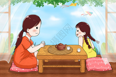饮伏茶喝茶的母女插画
