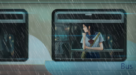 雨水天气雨天乘公交车的女孩插画