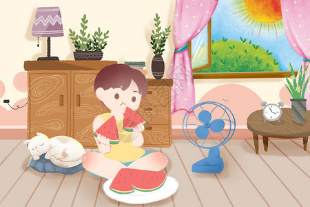 吃瓜的小猫暑假宅在家中吃瓜吹风扇的男孩插画