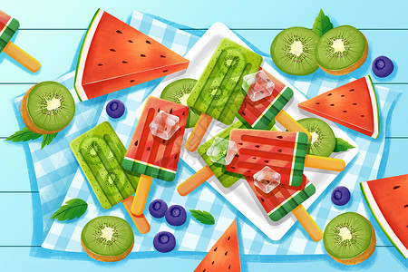 冰棍蓝莓夏季清凉美味水果冰棍插画