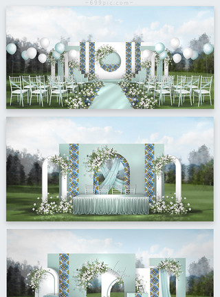 折纸风格气球白绿色摩洛哥风格婚礼效果图模板