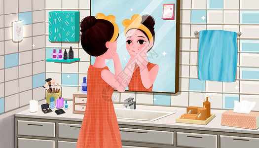 浴后女孩长痘痘在浴室里照镜子插画
