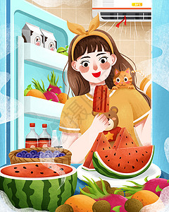 吃大西瓜夏季开冰箱凉快吃冰棍水果插画