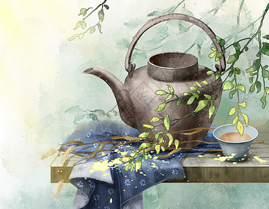 植物静物夏日喝茶乘凉插画