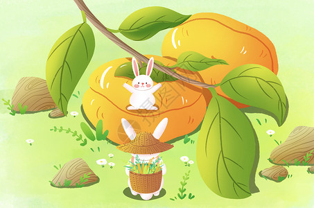 秋天兔子与柿子背景图片