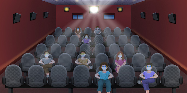 IMAX电影院防疫期间交叉入座不吃零食饮料观电影插画